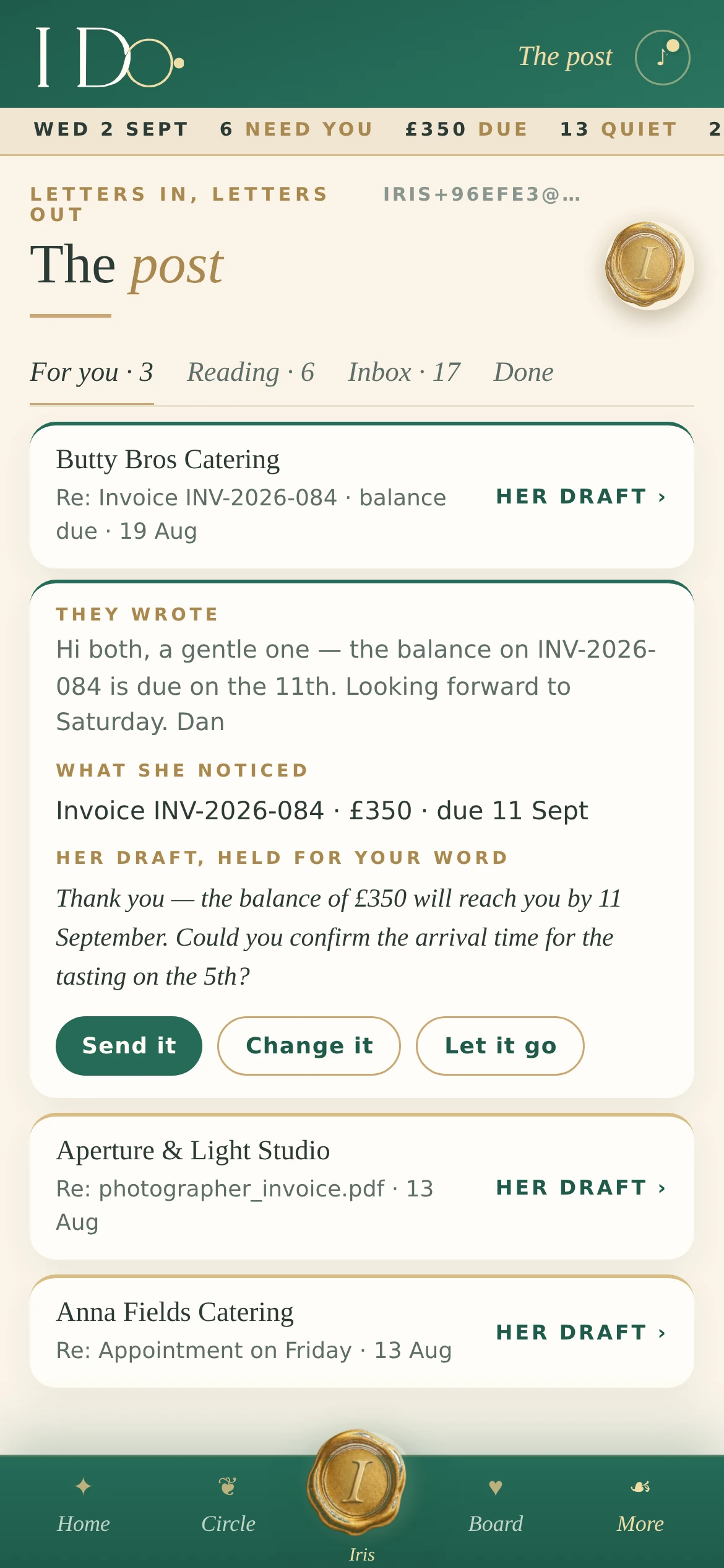 The couple's phone: the post — her draft, held for your word. Send it, change it, let it go.