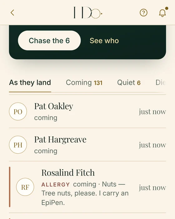 The guest list as replies land: who is coming, and an allergy in the guest's own words