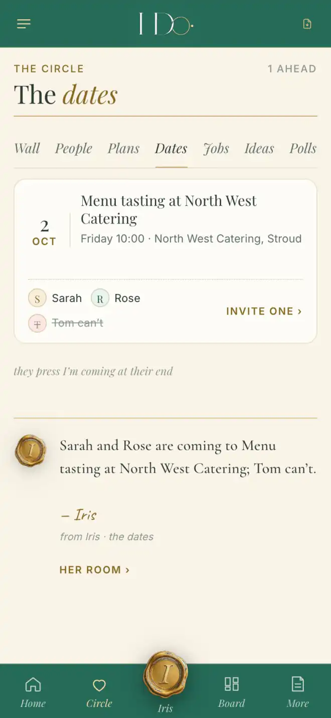 The couple's phone: the dates — the menu tasting; Sarah and Rose are coming, Tom can't