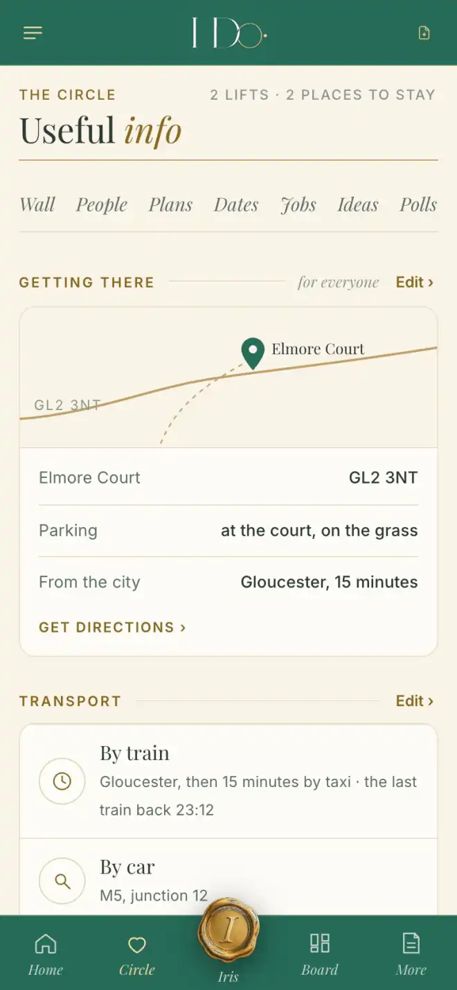 The couple's phone: useful info — getting there, parking, and the train and the car