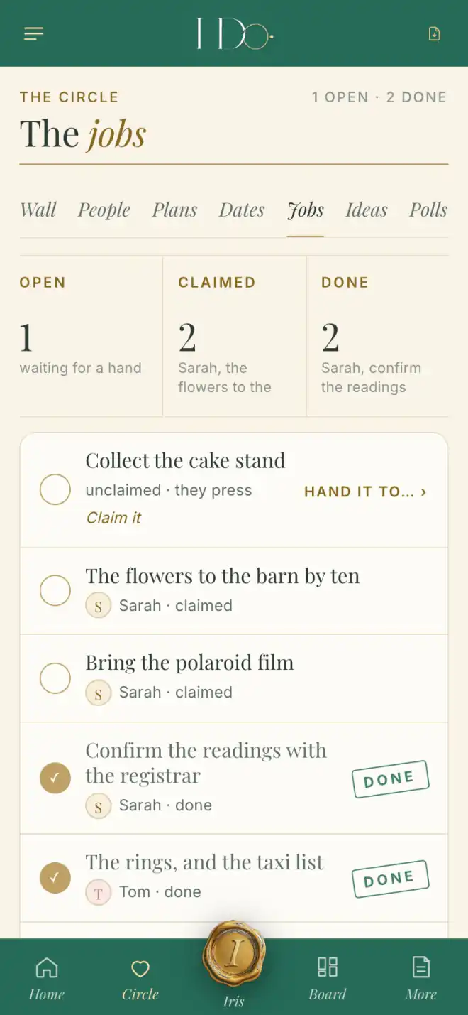 The couple's phone: the jobs — one open, waiting for a hand; two claimed; two done