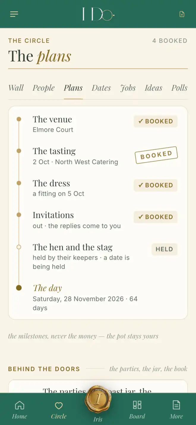 The couple's phone: the plans — the venue, the tasting, the dress and the invitations booked; the hen and the stag held by their keepers; the day