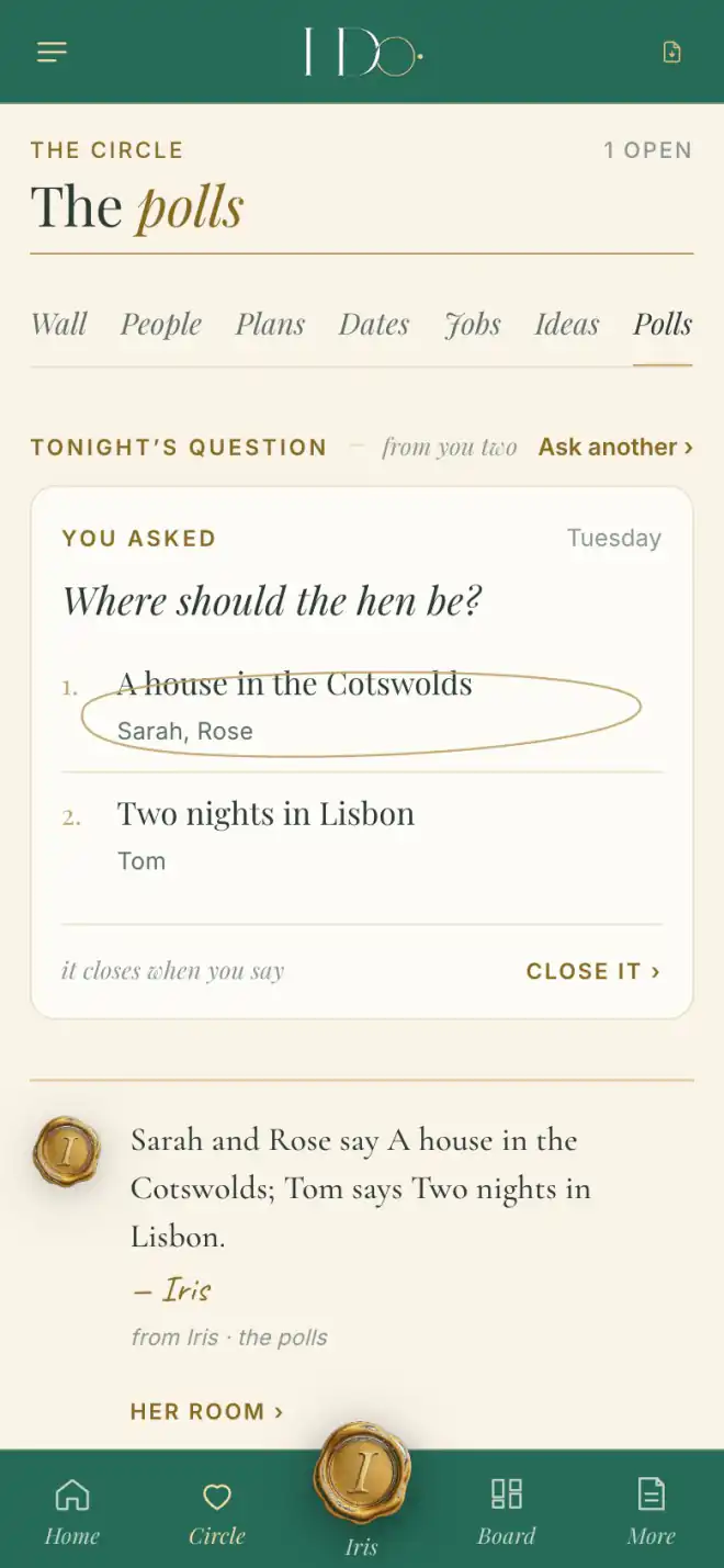 The couple's phone: the polls — where should the hen be? Names on each answer