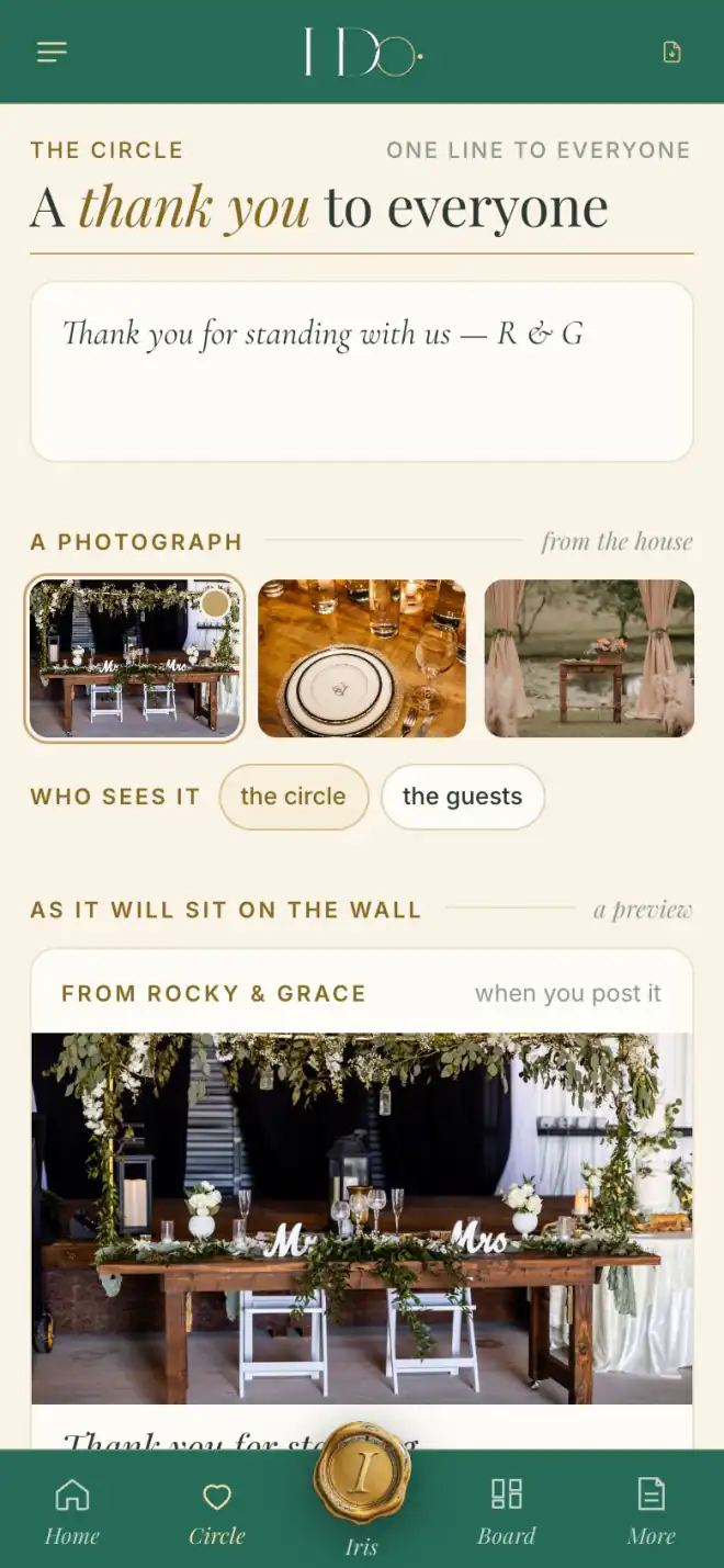 The couple's phone: a thank you to everyone — one line, and a preview of how it will sit on the wall
