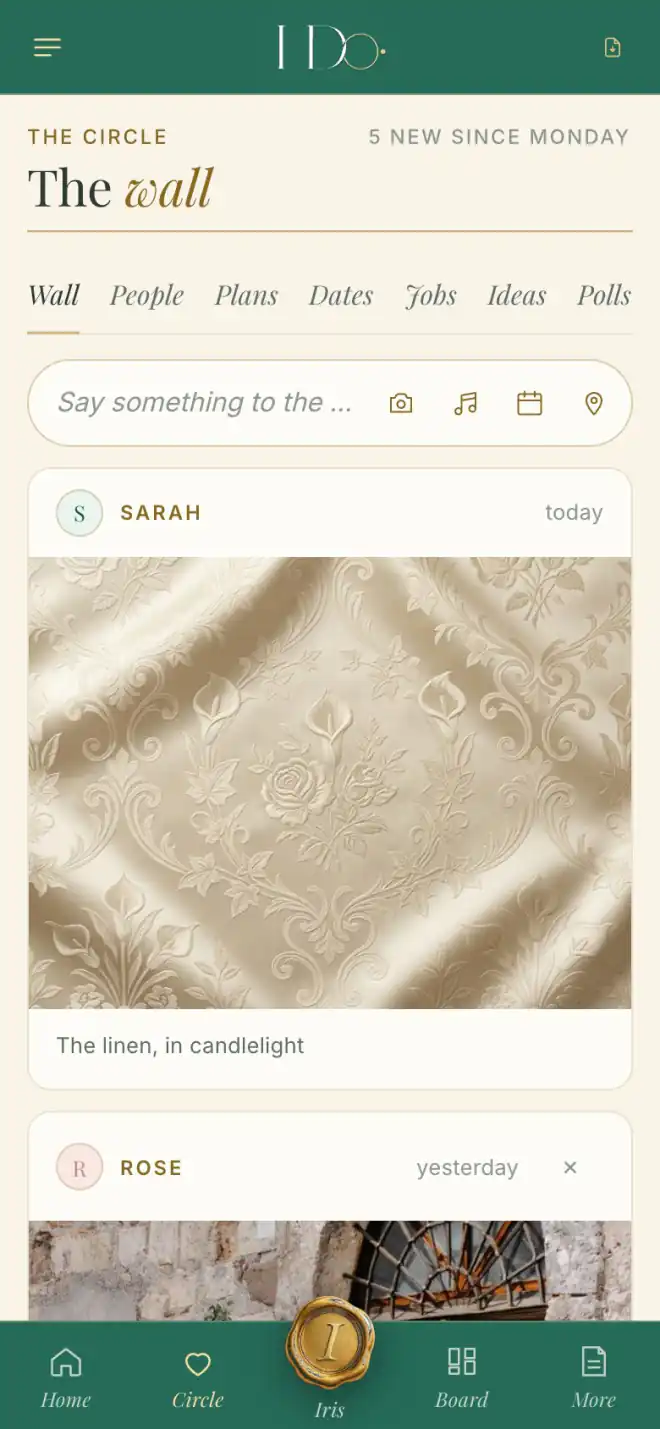 The couple's phone: the wall — five new since Monday; Sarah's photograph, the linen in candlelight