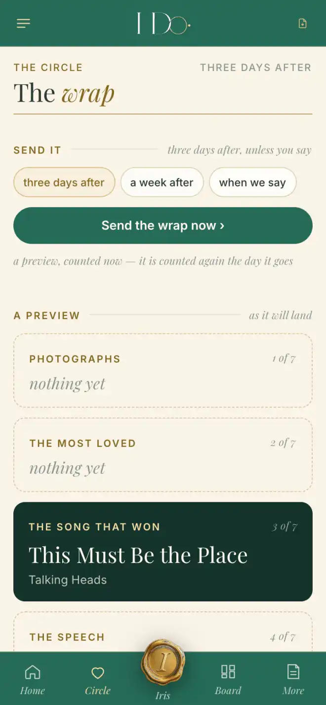 The couple's phone: the wrap — sent three days after, unless you say, with a preview of how it will land