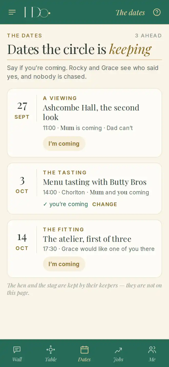 A member's phone: dates the circle is keeping, each with I'm coming
