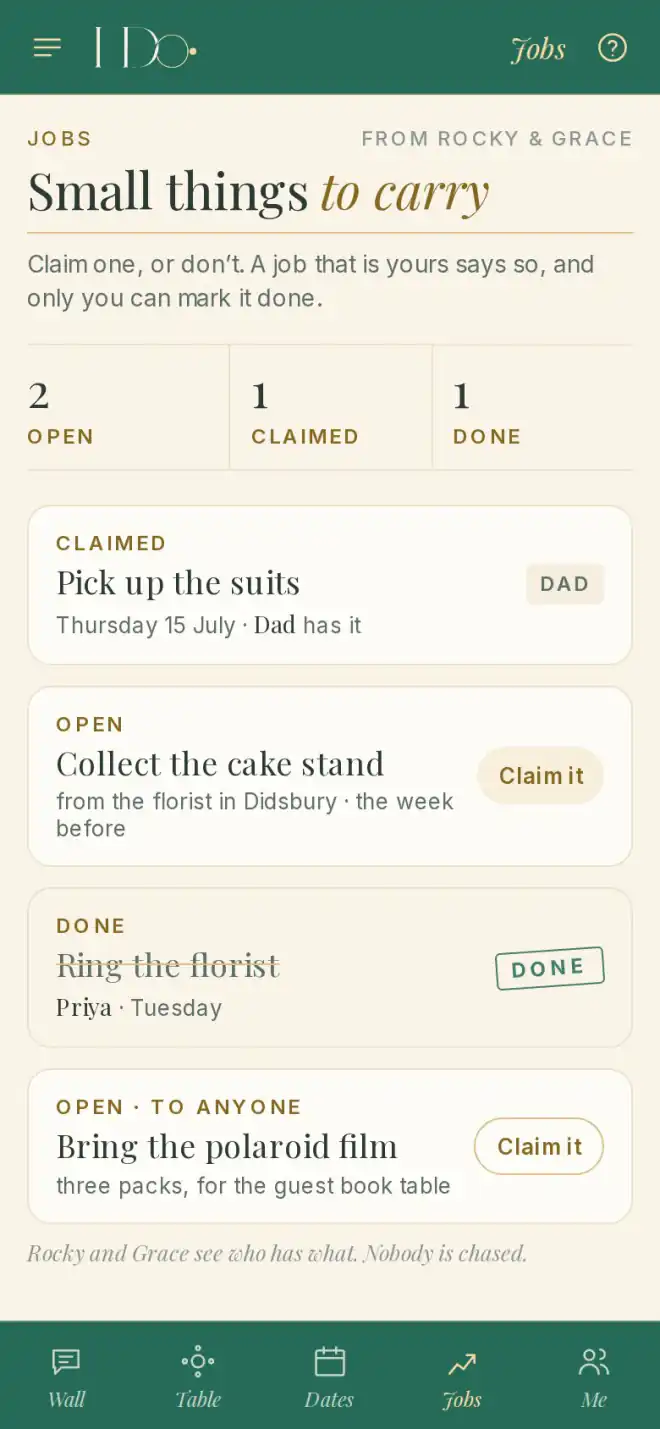 A member's phone: small things to carry — jobs to claim, and theirs to mark done