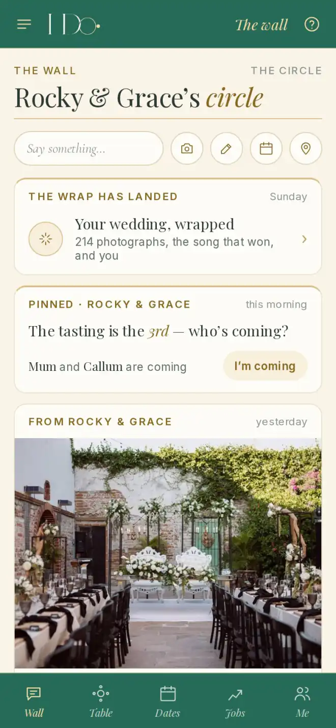 A member's phone: Rocky & Grace's circle — the wall, with a pinned date to press I'm coming
