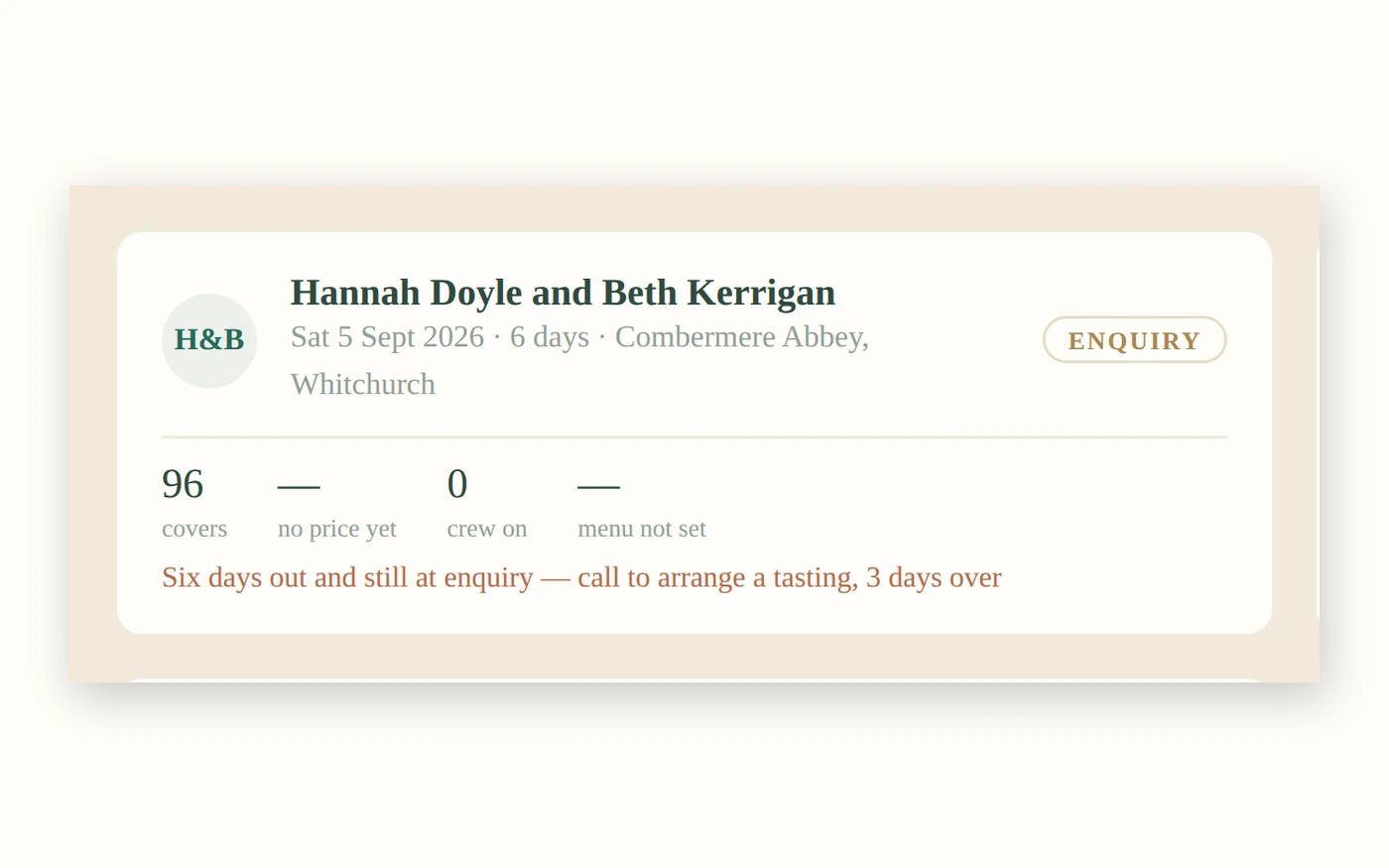 One event card &mdash; date, venue, covers, price, crew and the next step