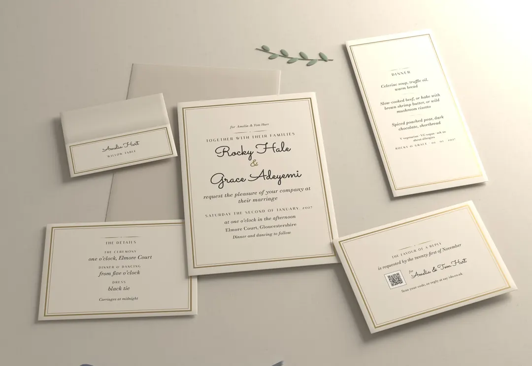 Double bordered wedding stationery suite, photographed: invitation, reply card, details card, place card and menu