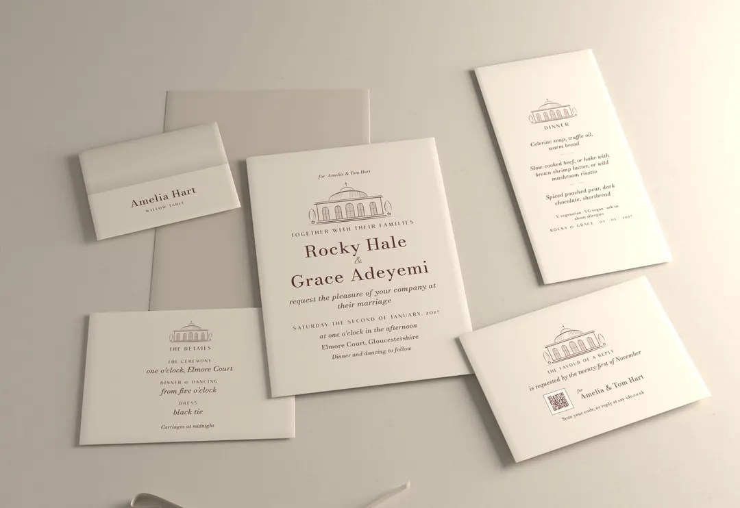 Venue etching wedding stationery suite, photographed: invitation, reply card, details card, place card and menu