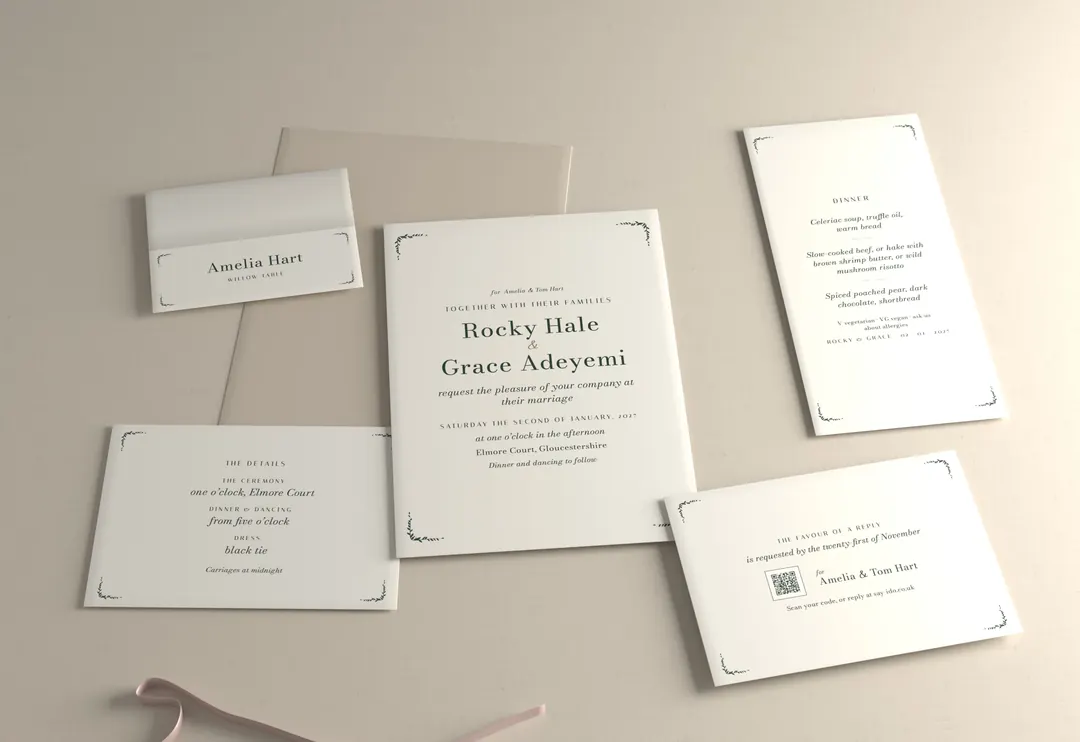 Garden line wedding stationery suite, photographed: invitation, reply card, details card, place card and menu